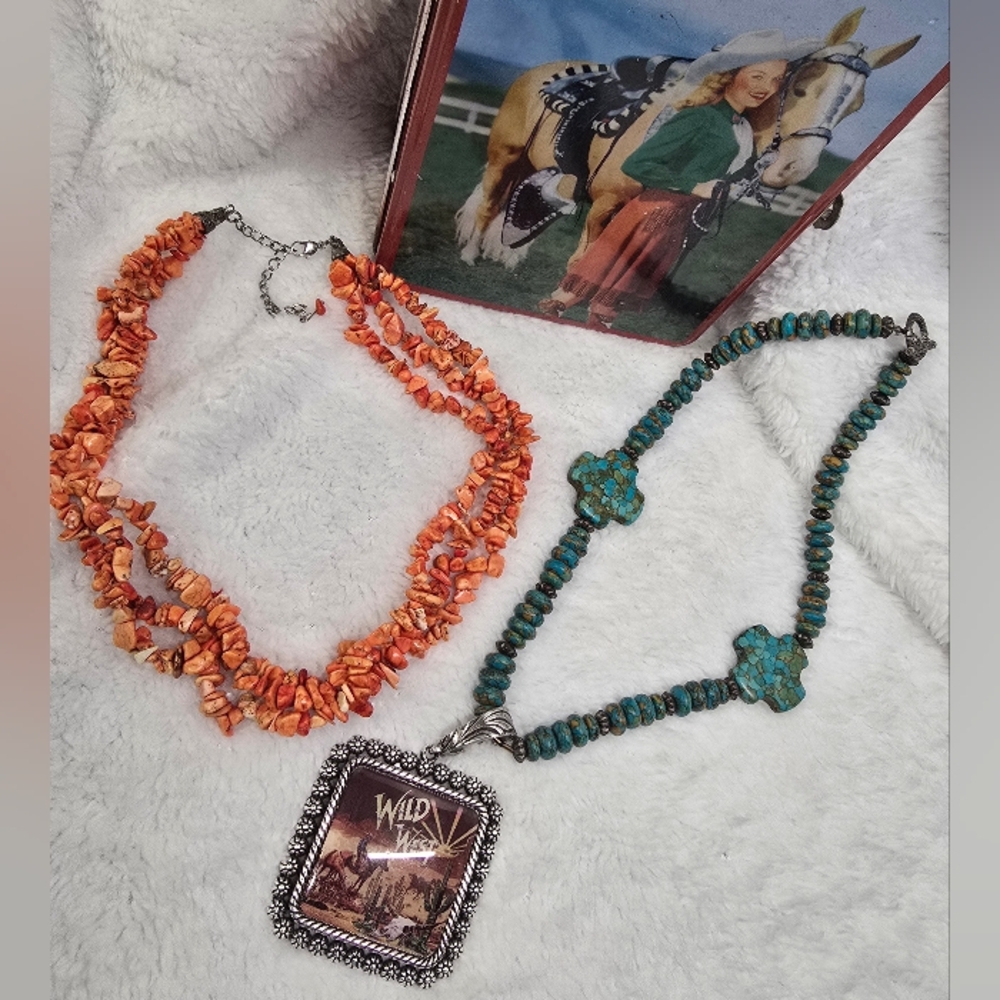 Bohemian Orange Chip & Blue Beaded Two Necklace Set with Pendant